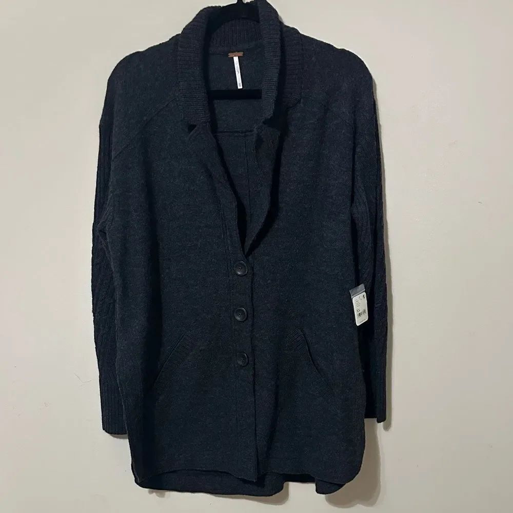 NWT Free People 100% Wool Cozy Black Cardigan Button Up Sweater